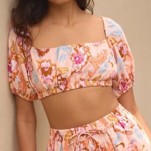 Seafolly Peach Pink Floral Puff-Sleeve Linen Crop Top Anthro Spring Festival NEW